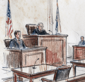 Watercolor-and-ink courtroom illustration