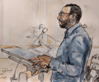 Watercolor-and-ink illustration of an attorney presenting at the lectern
