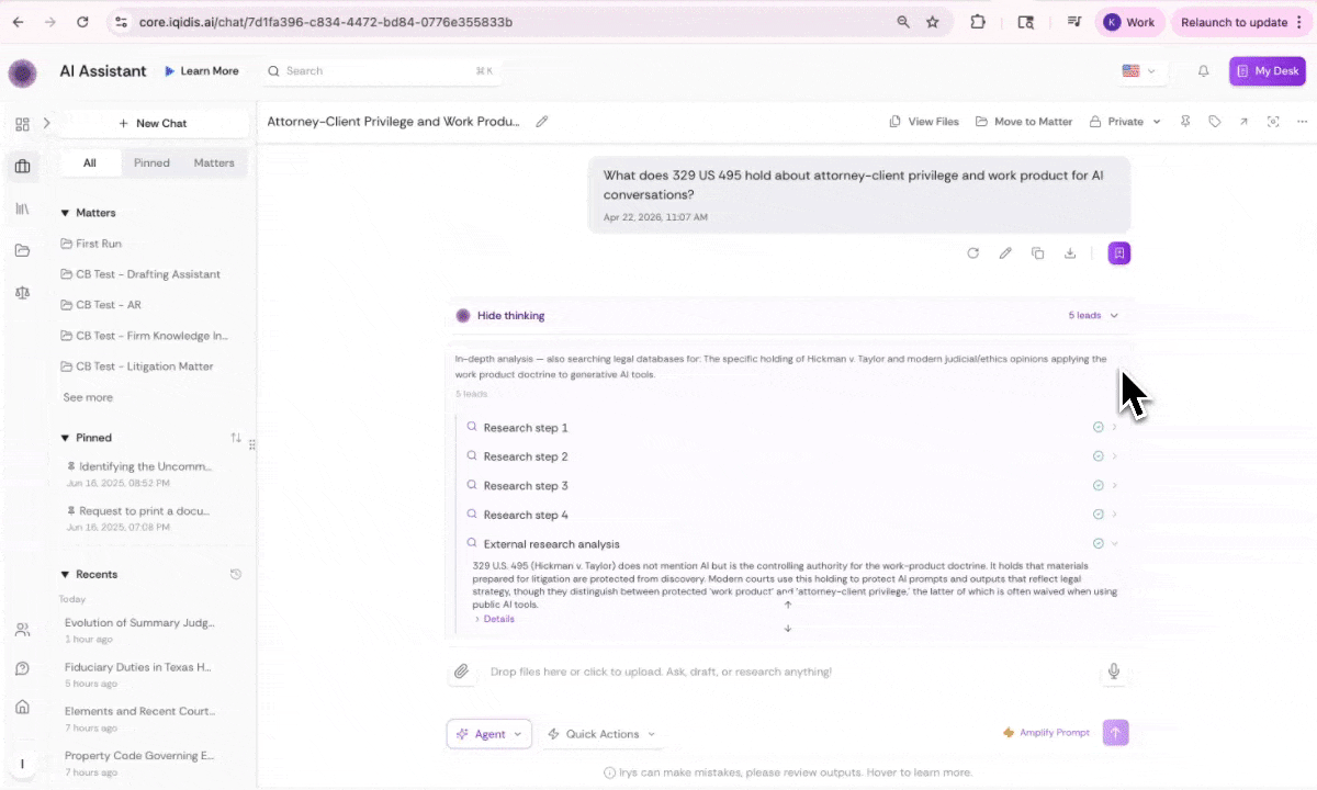 Agent Mode in action: the Show Thinking panel reveals each research step and inline citations as the investigation runs