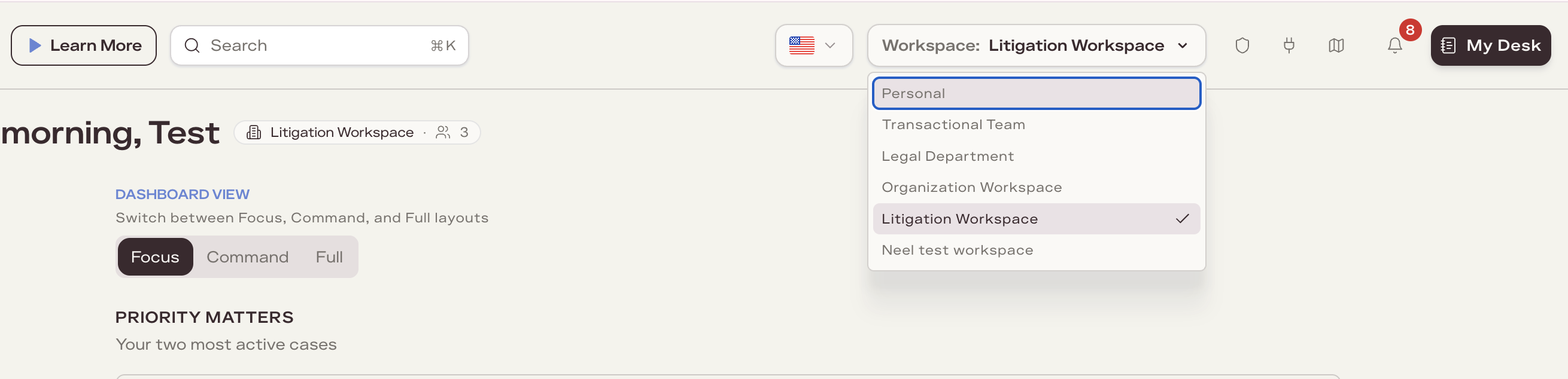 The Irys workspace switcher open, showing workspaces such as Personal, Legal Department, and Litigation Workspace
