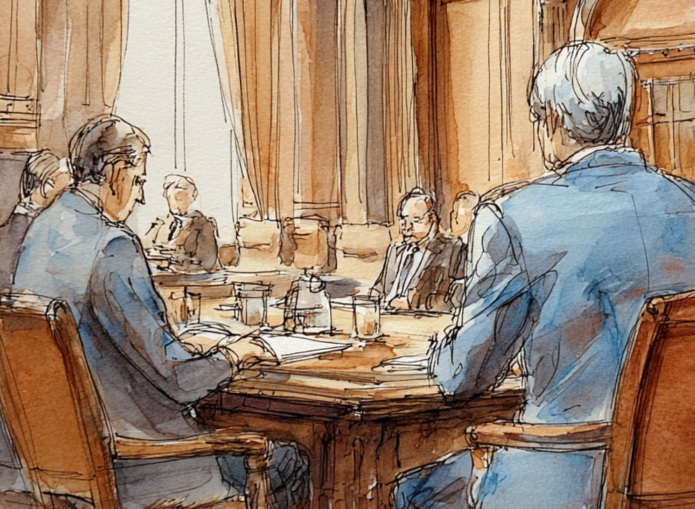 Lawyers around a conference table, watercolor