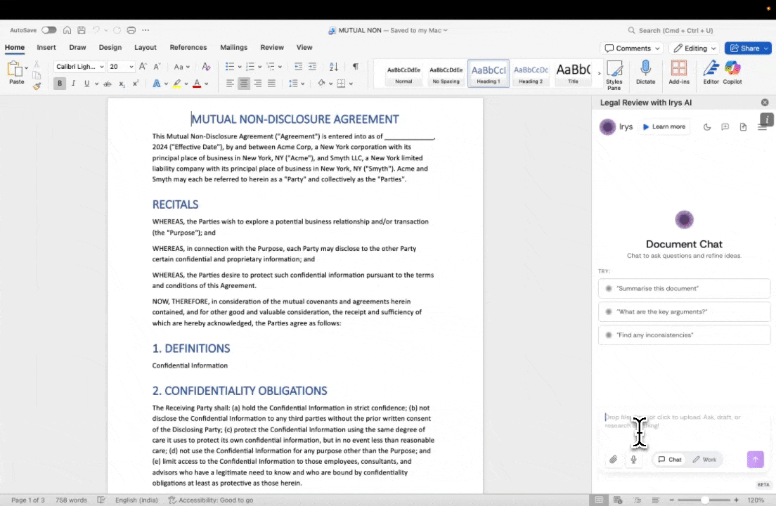 Chat mode in the Irys Word Add-In