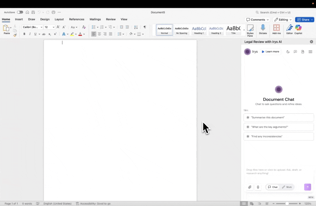Work mode in the Irys Word Add-In